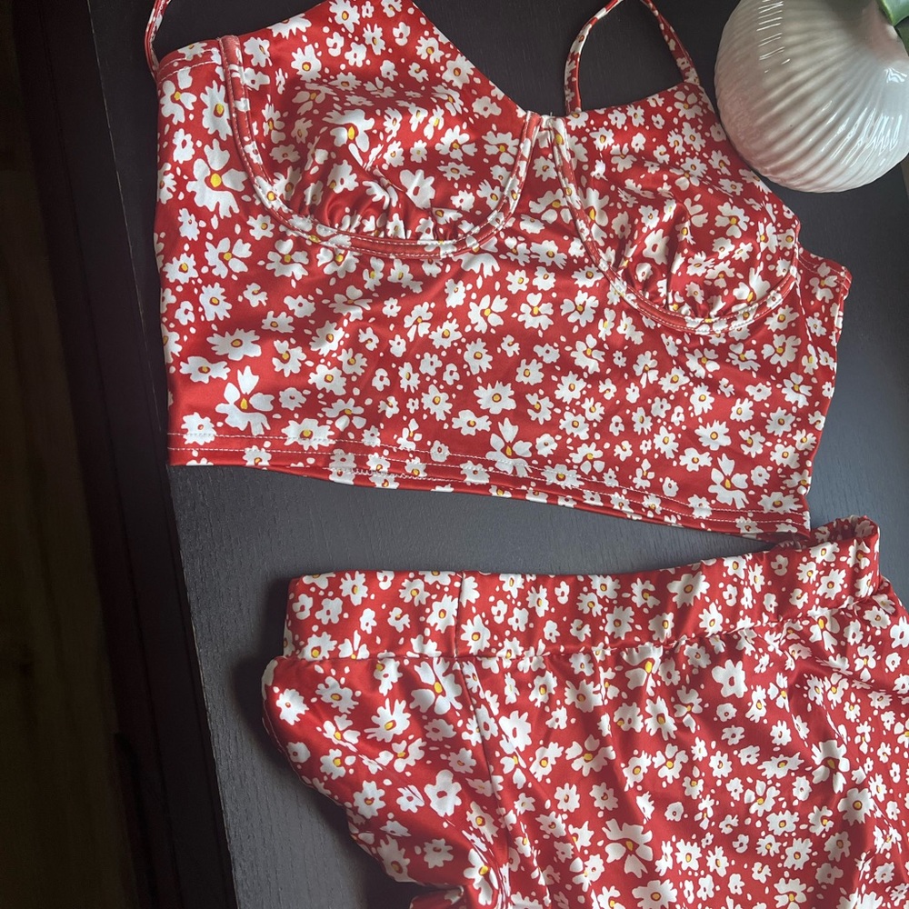 Red-orange Floral Midi Skirt with Top set - Women's Elastic Waist